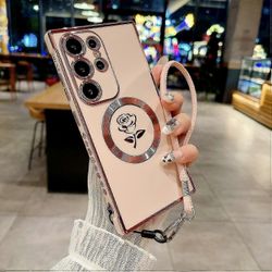 Samsung Galaxy S25 Ultra Magneettinen Kotelo Hihnalla Rose Flower Galvanoitu TPU Puhelimen Kuori - PU Rose Pink