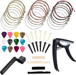 akustisk gitar tilbehør kit gitar strenger erstatning skiftende verktøy inkludert gitar akustiske strenger, plukker, capo, streng winder, bridge pi...