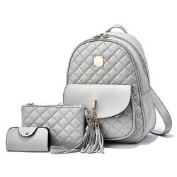 Reppu 3 kpl Tupsut Olkapäät Reppusetti naisille, PU Nahka Romboidit Reput Tyylikäs koulupäiväreppu (D-) vaalean harmaa