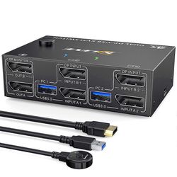 KVM-kytkin kahden näytön DisplayPort, 4 USB3.0 kahdelle tietokoneelle, 2 in 2 ulos DP 1.4 KVM -kytkin Musta