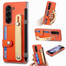 Yhteensopiva Samsung Galaxy Z Fold6 5G -kotelon kanssa Ranneke Jalusta Nahka + PC-puhelimen kansi näyttökalvolla Oranssi