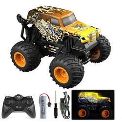 RC-auto 2,4 GHz monsteriauto LED-valolla kaukosäätimellä leluauto keltainen lapsille