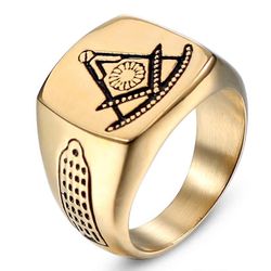 Bricks Masons Tidligere master firkantet kompas guld tone frimurerisk ring 9