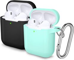 AIR 2stk beskyttelsesetuier med karabinhage til Apple Airpods 2 1 (sort/mintgrøn)