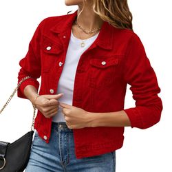 Women's Button Down Long Sleeve Beskåret Denims Jean jakke med lommer Rød M