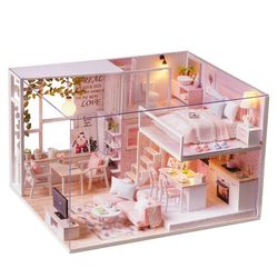 DIY Miniatyyri Loft Dollhouse Kit Realistinen mini 3D vaaleanpunainen puinen talohuonelelu LED-valoilla Pölysuoja