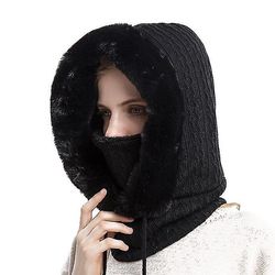 Yunshu Kvinders vindtæt fleece foret termisk hætte vinter ansigt cover hat sort