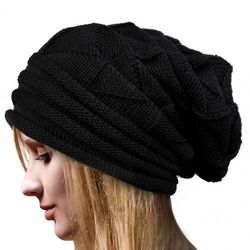 Besser Herre Dame Strikket Slouch Hue Cap Varmere Sort