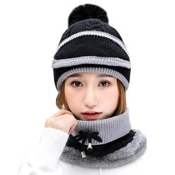 Besser Winter Lady 3pcs Strik Pom Hat Tørklæde Ansigtsmaske Sæt Sort
