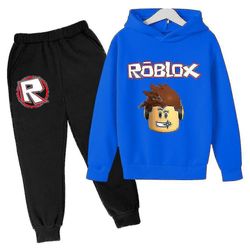 Barn pojkar flickor Roblox tryck långärmad hoodie + byxor casual outfits set träningsdräkt 7-14 år Royal Blue 13-14Years