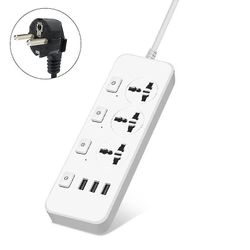 Shun Us /uk/eu Power Strip 5v2.1a Overspenningsvern Med 3 Uttak & 3 Usb-porter Hvit