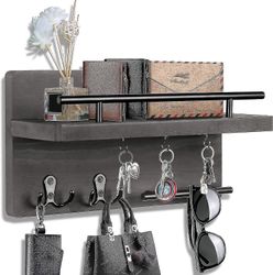 Nøgleholder til væg dekorative med 5 nøgle kroge, vægmonterede nøglebøjler til væg med mail nøgle rack, træ mail arrangør med hylde, rustik hjem D