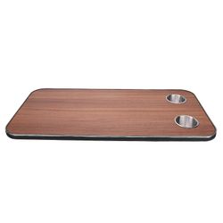 Matkailuauton pöytälevy massiivipuuta 2 ruostumattomasta teräksestä valmistetulla mukinpidikkeellä perävaunulle matkailuautolle jahtiveneen kannell...