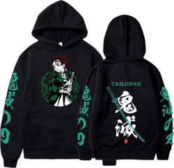 Anime Harajuku hættetrøje Demon Slayer hættetrøjer Tanjiro Kamado hættetrøje mode cosplay kostume unisex overside sweatshirt overtøj-k175 sort S