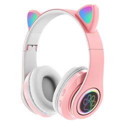 Baodan headset katt øre bluetooth headset b39 katt øre søt katt øre trådløst hodesett ledet blinkende lys, en gave til venner og barn Rosa