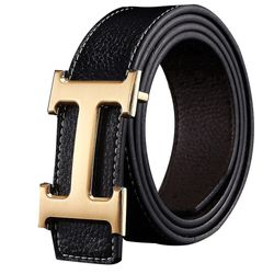 Ny stil Business Fritid Ekte Pu Leather H Glatt Buckle Litchi Grain Belt For Men V Svart gull spenne