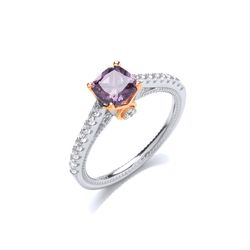 Jewelco London Rhodium & Rose Forgyldt Sterling Sølv Lilla Pude CZ Majestic Solitaire Kjole Ring L