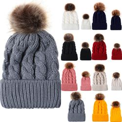 Varychmoo Forældre-barn Mor Baby Kids Solid Matchende Strik Beanie Pom Pom Hatte Ski Caps Vin rød Mother