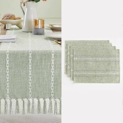 2025 Uusimman mallin vihreä maalaismainen kaitaliina- ja pöytämattosarja; Puuvilla ja pellava maalaistalon pöytä