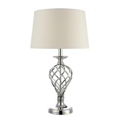 Dar Lighting Iffley Touch bordlampe poleret Chrome Twist Cage Base Komplet med elfenben rund konisk skygge