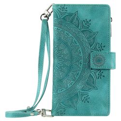 Foxdock Kompatibel med Iphone 14 Plus Case Zipper Wallet Purse preget totemdeksel med crossbody lanyard Grønn