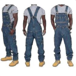 Miesten Plus-koko Denim Haalari Muoti Farkut Denim Bib löysä Useita taskuja Säädettävät olkaimet-Hyvä 5XL