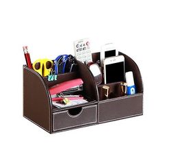 Handuo Læder Multi-funktion Skrivebord Brevpapir Organizer Opbevaring Box Pen / blyant kaffe