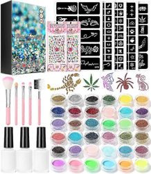 36 couleurs de tatouage paillet (poudre phosphorescente incluse), tatouage temporaire, impermable et non toxique, tatouage de courte dure pour les