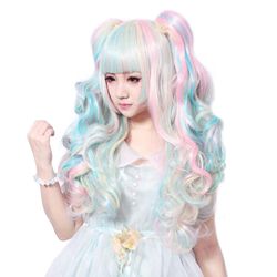 Ruili Paryk Cos Paryk Lolita Lolita Fortykket luft volumen pulver blandet blå dobbelt tiger klip paryk Pink og blå