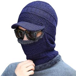 Liltop Unisex Vinter Varm Strik Balaclava Hjelm Hatte med Randen Face Mask Udendørs Caps Blå