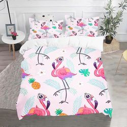 Kerota Lasten vuodevaatteet, Flamingokuvio, mikrokuituliinasetti, tyynyliinalla, vetoketjusulkimella Single135x200cm