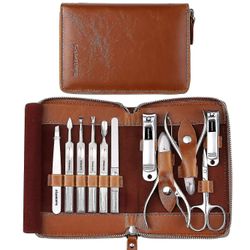 Lryxl manikyr sett, profesjonell manikyr kit nail clippers sett 11 i 1 rustfritt stål pedikyr verktøy kit grooming kit med bærbar brun skinn reise