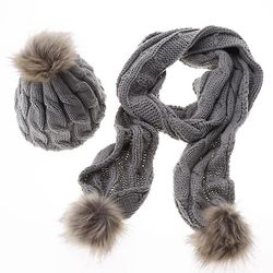 Varychmoo Kvinders strikkede hue hatte Pom Bobble tørklæde sæt Stretch Vinter Varm Softy Caps Grå