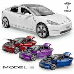 Uusi 1:32 Tesla Model 3 Diecast Model Car Vedä takaisin Led-ajoneuvon keräilylelu Sininen