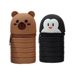 2kpl teleskooppinen kynäkotelo jatkettava kynäpussi vetoketjullinen silikonikynälaukku seisova kynän pidike lapselle opiskelijalle Pingviini ja karhu