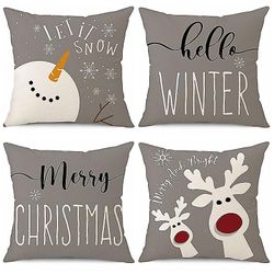 Sett med 4 stk Christmas Pillow Covers 18x18inch, Holiday Grey Kast putevar Cushion Vovers, Xmas dekorasjoner for sofasofa