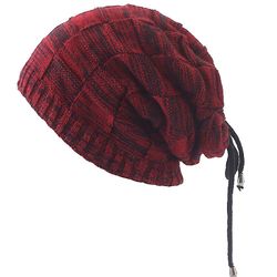 Besser Unisex Kvinder Mænd Strik Hue Varm Lace Up Snow Ski Slouch Hat Vin rød