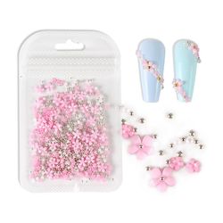 4 pakker med 800 stykker 3d Akryl flower nail charms med perler, neglekunst tilbehør, negle kunst forsyninger til kvindelige piger