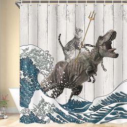 Skiyy Funny Cat Shower Stall Curtain, Cool Cat Dinosaur Japanese Ocean Wave Decor Fabric Baderom Gardiner, Barn Barn Rustikk Wooden Farmhouse Showe...