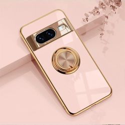 Sähköpinnoitettu Tpu-silikoninen iskunkestävä kotelo Google Pixel 8 Prolle/Pixel 8:lle 360 pyörivällä rengasjalustalla Vaaleanpunainen