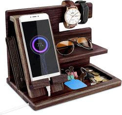 Gaver til menn Christmas Bedside Organiser For ham Bursdag Gaver til ham Wood Phone Docking Station Key Holder Wallet Stand Watch Organizer Wooden Org