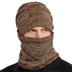 Varychmoo Herre strikket fleece hue hatte hals tørklæde ansigtsdæksel sæt vintervarmer Ski Snood Caps Khaki