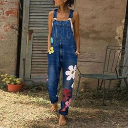 Womenins Denim Jeans Hagesmæk Bukser Casual Button Solid Long Rompers Jumpsuits Mørkeblå M