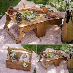 Puinen ulkona taitettava piknik-koripöytä, kannettava viinipiknik-pöytä, 2-in-1 piknik-pöytä avovarasto puinen kori, piknikille ulkona T