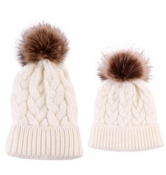 Handuo 2 Pack Forældre-barn Hat Varm Strik Pom Pom Beanie hvid