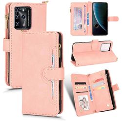 Yhteensopiva ZTE Blade V30 Flip Case PU -nahkaisten magneettikorttipaikkojen hihnan kanssa käsilaukku Vaaleanpunainen