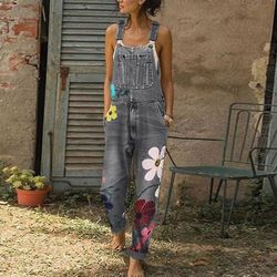 Womenins Denim Jeans Hagesmæk Bukser Casual Button Solid Long Rompers Jumpsuits Grå M