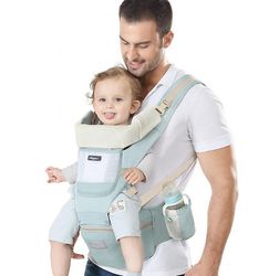 Kissqiqi Babyholderholder rygsæk ergonomisk med hovedstøtte polstrede skulderstropper foran og bagpå Blå