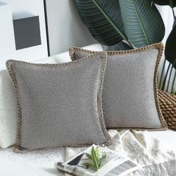 Shxx Pack Med 2 Bondgård Dekorativa Kasta Kuddfodral Burlap Linne Trimmade Skräddarsydda Kanter Grå 20 X 20 Tum, 50 X 50 Cm Zs-yxt2375