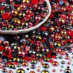 100g flatback perler og rhinsten sæt 10-rød &sort, blandet størrelse 3-10mm harpiks rhinestones og halvperler til neglekunst og kunsthåndværk